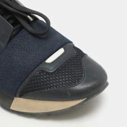 Balenciaga Navy Blue Leather and Mesh Race Runner Low Top Sneakers Size 35