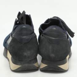 Balenciaga Navy Blue Leather and Mesh Race Runner Low Top Sneakers Size 35