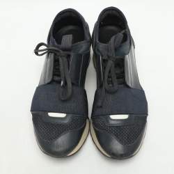 Balenciaga Navy Blue Leather and Mesh Race Runner Low Top Sneakers Size 35