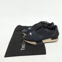 Balenciaga Navy Blue Leather and Mesh Race Runner Low Top Sneakers Size 35