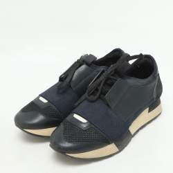 Balenciaga Navy Blue Leather and Mesh Race Runner Low Top Sneakers Size 35