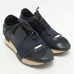 Balenciaga Navy Blue Leather and Mesh Race Runner Low Top Sneakers Size 35