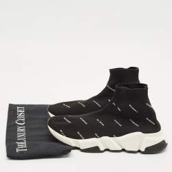 Balenciaga Black/White Knit Fabric Allover Logo Speed Trainer Sneakers Size 37