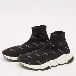 Balenciaga Black/White Knit Fabric Allover Logo Speed Trainer Sneakers Size 37