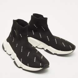 Balenciaga Black/White Knit Fabric Allover Logo Speed Trainer Sneakers Size 37