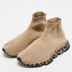 Balenciaga Beige Knit Fabric Speed Trainer High Top Sneakers Size 37