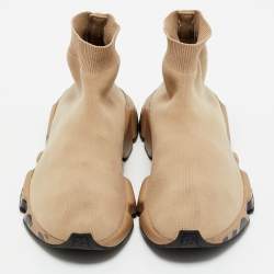 Balenciaga Beige Knit Fabric Speed Trainer High Top Sneakers Size 37