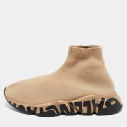 Balenciaga Beige Knit Fabric Speed Trainer High Top Sneakers Size 37