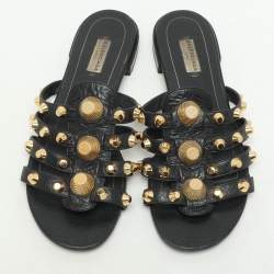 Balenciaga Black Leather Studded Arena Flat Slides Size 39.5
