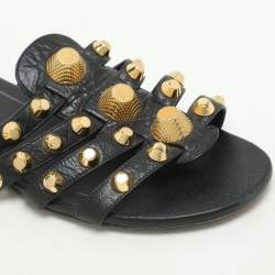 Balenciaga Black Leather Studded Arena Flat Slides Size 39.5