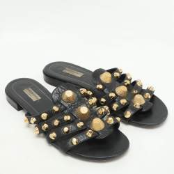 Balenciaga Black Leather Studded Arena Flat Slides Size 39.5