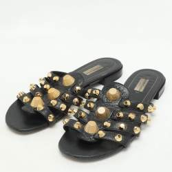 Balenciaga Black Leather Studded Arena Flat Slides Size 39.5
