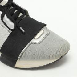 Pre Owned Balenciaga Grey/Silver Knit Fabric and Leather Race Runner Low Top Sneakers Size 37