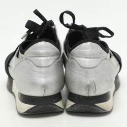 Pre Owned Balenciaga Grey/Silver Knit Fabric and Leather Race Runner Low Top Sneakers Size 37