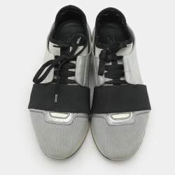 Pre Owned Balenciaga Grey/Silver Knit Fabric and Leather Race Runner Low Top Sneakers Size 37