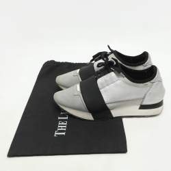 Pre Owned Balenciaga Grey/Silver Knit Fabric and Leather Race Runner Low Top Sneakers Size 37