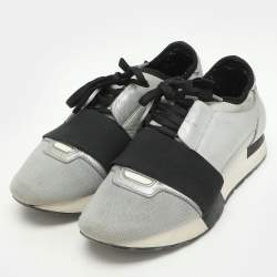 Pre Owned Balenciaga Grey/Silver Knit Fabric and Leather Race Runner Low Top Sneakers Size 37