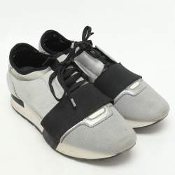 Pre Owned Balenciaga Grey/Silver Knit Fabric and Leather Race Runner Low Top Sneakers Size 37