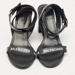 Pre Owned Balenciaga Black Logo Print Leather Ankle Strap Sandals Size 38