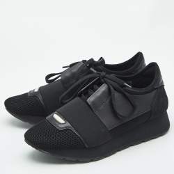 Pre Owned Balenciaga Black Leather and Mesh Race Runner Low Top Sneakers Size 36