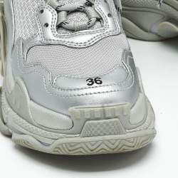 Pre Owned Balenciaga Silver Faux Leather and Mesh Triple S Sneakers Size 36