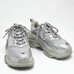 Pre Owned Balenciaga Silver Faux Leather and Mesh Triple S Sneakers Size 36