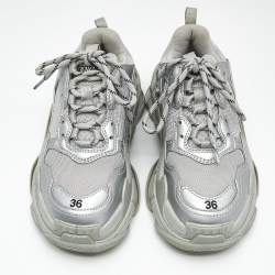 Pre Owned Balenciaga Silver Faux Leather and Mesh Triple S Sneakers Size 36