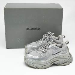 Pre Owned Balenciaga Silver Faux Leather and Mesh Triple S Sneakers Size 36