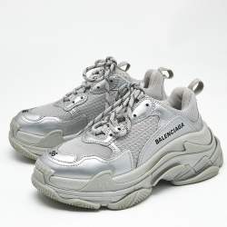 Pre Owned Balenciaga Silver Faux Leather and Mesh Triple S Sneakers Size 36