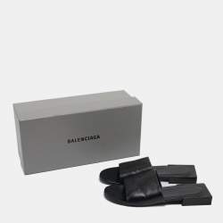 Pre Owned Balenciaga Black Leather Box Flat Mules Size 37