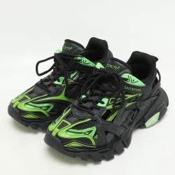 Pre Owned Balenciaga Black/Green Leather and Mesh Track 2 Sneakers Size 37