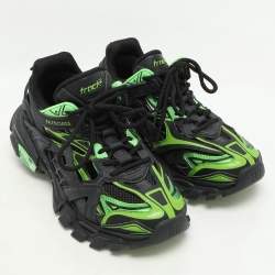 Pre Owned Balenciaga Black/Green Leather and Mesh Track 2 Sneakers Size 37