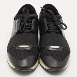 Pre Owned Balenciaga Black Leather and Mesh Race Runner Sneakers Size 38