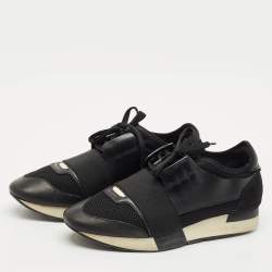 Pre Owned Balenciaga Black Leather and Mesh Race Runner Sneakers Size 38