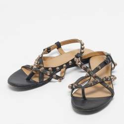Pre Owned Balenciaga Black Leather studded Arena Ankle Strap  Flat Sandals Size 39.5