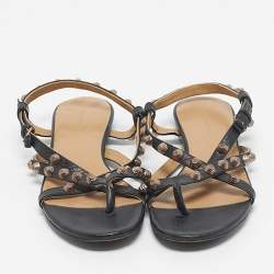 Pre Owned Balenciaga Black Leather studded Arena Ankle Strap  Flat Sandals Size 39.5