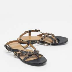 Pre Owned Balenciaga Black Leather studded Arena Ankle Strap  Flat Sandals Size 39.5