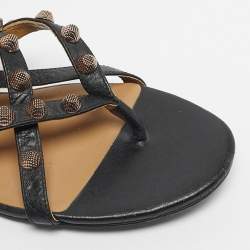 Pre Owned Balenciaga Black Leather studded Arena Ankle Strap  Flat Sandals Size 39.5