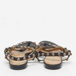 Pre Owned Balenciaga Black Leather studded Arena Ankle Strap  Flat Sandals Size 39.5