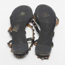 Pre Owned Balenciaga Black Leather studded Arena Ankle Strap  Flat Sandals Size 39.5