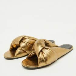 Pre Owned Balenciaga Gold Leather Drappy Flat Slides Size 37