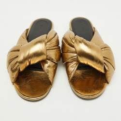Pre Owned Balenciaga Gold Leather Drappy Flat Slides Size 37