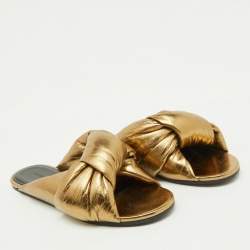 Pre Owned Balenciaga Gold Leather Drappy Flat Slides Size 37