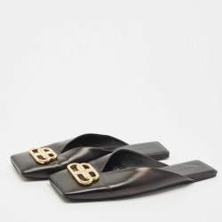 Pre Owned Balenciaga Black Leather Double Square BB Flat Mules Size 41