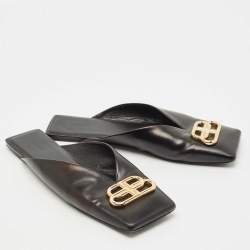 Pre Owned Balenciaga Black Leather Double Square BB Flat Mules Size 41