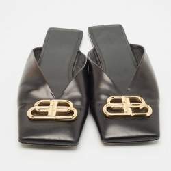 Pre Owned Balenciaga Black Leather Double Square BB Flat Mules Size 41