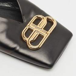 Pre Owned Balenciaga Black Leather Double Square BB Flat Mules Size 41