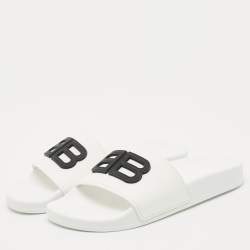 Pre Owned Balenciaga White Rubber BB Pool Slide Sandals Size 37