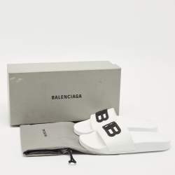 Pre Owned Balenciaga White Rubber BB Pool Slide Sandals Size 37