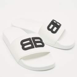 Pre Owned Balenciaga White Rubber BB Pool Slide Sandals Size 37